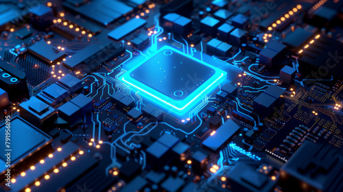 a blue lit blue cpu, in the style of nul group, aerial view, photorealistic rendering
