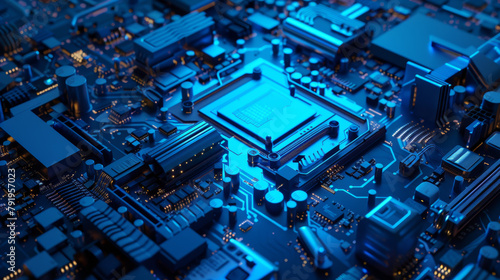 a blue lit blue cpu, in the style of nul group, aerial view, photorealistic rendering