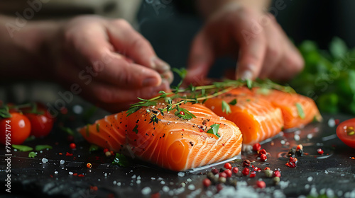 Sea cuisine, Professional cook prepares pieces of red fish, salmon, trout with vegetables.Cooking seafood, healthy vegetarian food and food on a dark background, Horizontal view, Banner
