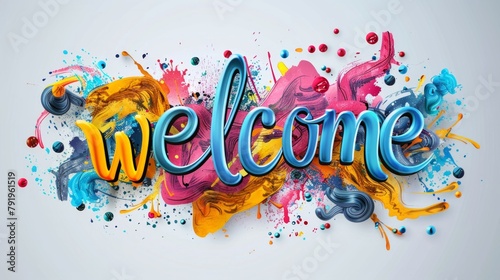 Welcome poster with spectrum brush strokes on white background. Colorful gradient brush design.