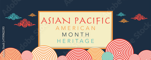 Asian American and Pacific Islander Heritage Month. Vector banner for social media, card, poster. Illustration with text and lotus, tropical leaf. Asian Pacific American Heritage Month flyer.