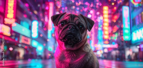 A wide angle shot of a cute pug sitting on background of a blurred cyberpunk city panorama with bright neon lights. Retro synthwave vibes. Futuristic wallpaper.
