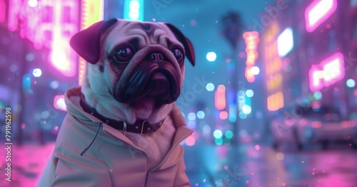 A wide angle shot of a cute pug sitting on background of a blurred cyberpunk city panorama with bright neon lights. Retro synthwave vibes. Futuristic wallpaper.