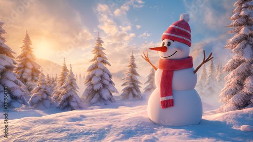 A snowman in the middle of a snowy landscape, full body, wearing a scarf and hat, smiling face, snow covered pine trees, foggy sky