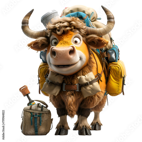 A 3D cartoon render of a zebu carrying supplies to a stranded hiker.