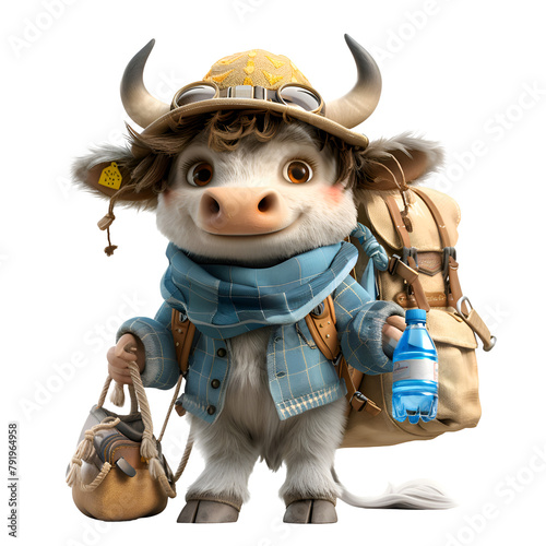 A 3D cartoon render of a zebu carrying a backpack and water bottle.