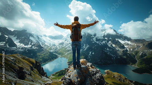A man standing on a mountain peak and spreading his arms.