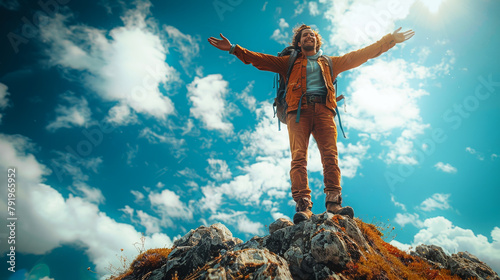 A man standing on a mountain peak and spreading his arms.