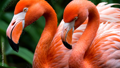 Two pink flamingos are standing side by side, displaying their vibrant plumage and long necks