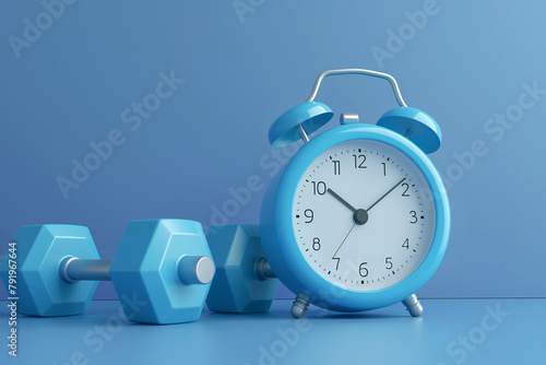 Alarm clock with dumbbells on blue background. Working out concept, fitness, sport activity, healthy lifestyle theme, consistency in workouts, equipment for home workouts or exercises in a gym.