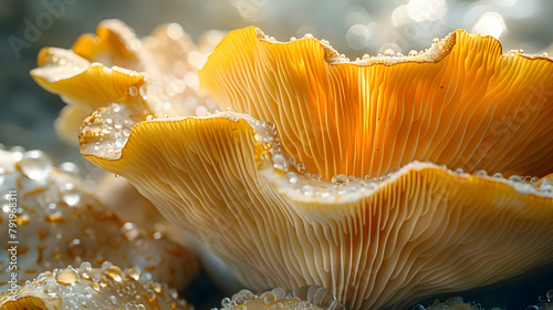 The surface of a mushroom cap, showing the gills in vivid detail and the texture of its skin, illuminated with natural light
