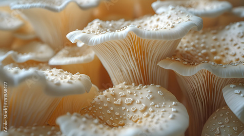 The surface of a mushroom cap, showing the gills in vivid detail and the texture of its skin, illuminated with natural light