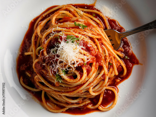 Plato de espaguetis desde arriba, cocina tradicional italiana