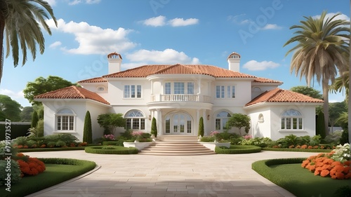 A photorealistic image of a Mediterranean-inspired villa located in the exclusive Hamptons, New York. The villa features intricate architectural details, including terracotta roofs, arched windows, an