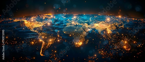 Worldwide network connection map with blue and gold lights symbolizing global communication. Concept Global Connectivity, Network Mapping, Blue and Gold Lights, Communication Symbols