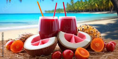 Beach scene comes alive with the vibrant hues of summer fruits and the cool refreshment of juice, creating an idyllic backdrop for seasonal relaxation.
