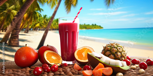 Beach scene comes alive with the vibrant hues of summer fruits and the cool refreshment of juice, creating an idyllic backdrop for seasonal relaxation.
