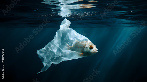 A fish swims in the sea with a plastic bag floating on its back