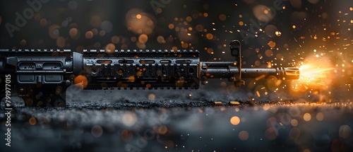 Assault rifle firing with bullets on black background to symbolize tactical team concept. Concept Tactical Team, Assault Rifle, Bullets, Black Background