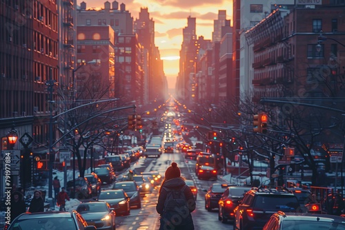 The warm golden hour sun casts a serene glow on a bustling city avenue crowded with commuters and vehicles