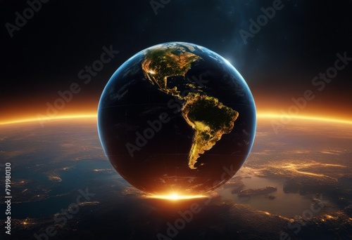 Realistic Planet Earth Render detailed Universe America black globe stars South world view High space animation image by furnished Elements World Sunrise 3D zone