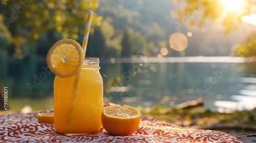 Lemonade Jar with Fresh Slice by Serene Lake at Sunset