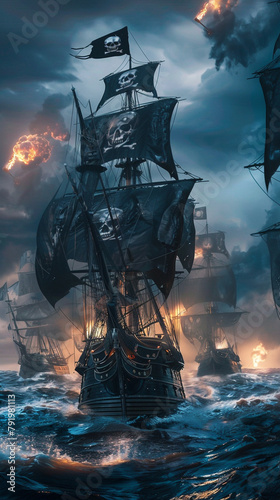 A large black ship with a skull and crossbones on the side is surrounded by other ships in a stormy sea