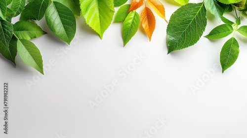  A pristine white background hosts a cluster of vibrant green leaves, allowing ample room for text below