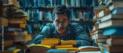 A man overwhelmed by books papers and time management struggles. Concept Workload Management, Stressful Organization, Time Crunch, Multitasking Challenges