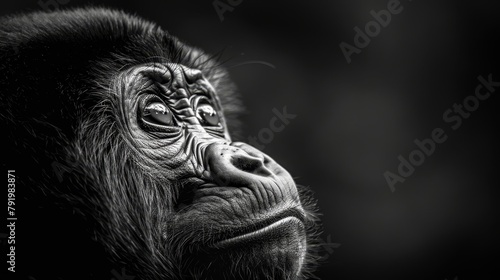  A monkey's face in black and white, its left eye conveying an unsettling, creepy expression