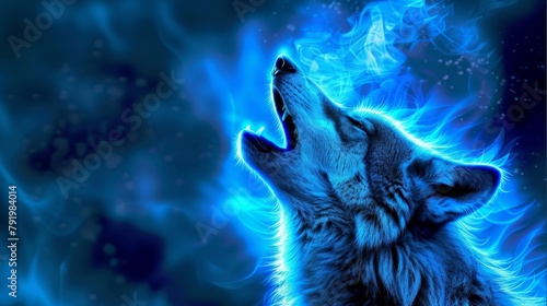 A wolf baring its teeth before a blue backdrop, emitting fire and smoke from its open maw