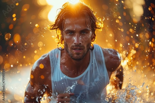 At sunset, a focussed runner is mid-stride covered in water droplets, with the sun highlighting the spray