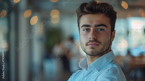photography of a young entrepreneur with a determined expression, the portrait image reflecting his ambition and drive to succeed in the business world, blurred office as background