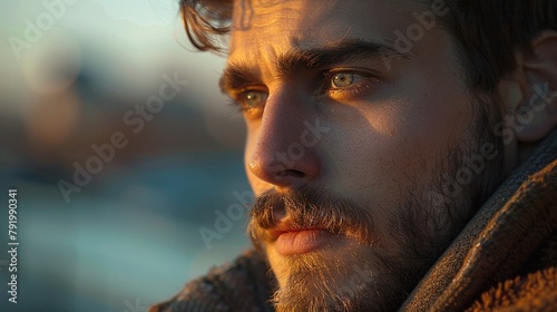 Closeup of a young man with a beard, looking thoughtfully into the distance, warm evening light, urban setting