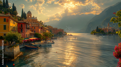 Capture the charm of an Italian coastal village as the sun dips below the horizon in this serene sunset scene, available on Adobe Stock