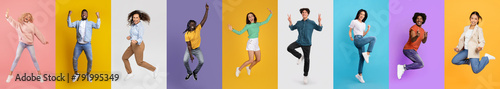 Diverse Group of Joyful People Leaping Against Colorful Backgrounds