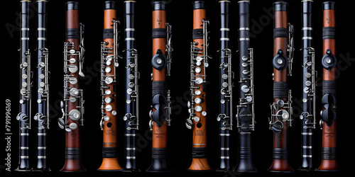 A row of woodwind instruments, including flutes and clarinets