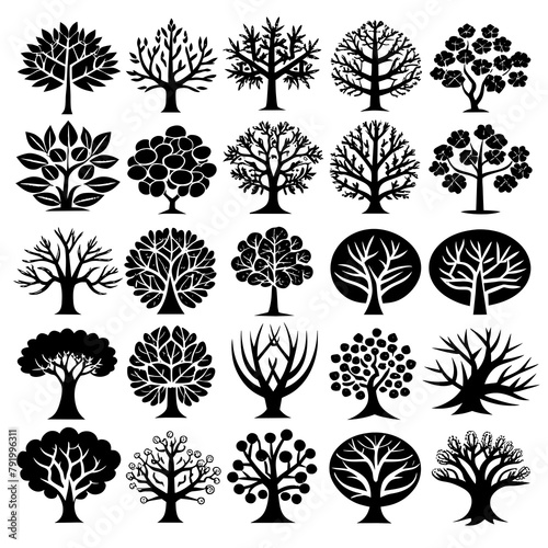30 pieces, tree icons vector silhouette on white background 