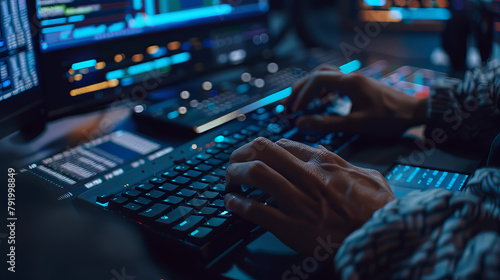 hands of a programmer or hacker on the keyboard, fixing vulnerabilities in software, close-up of entering commands and code on the screen, illustrating maintenance and response to threats,