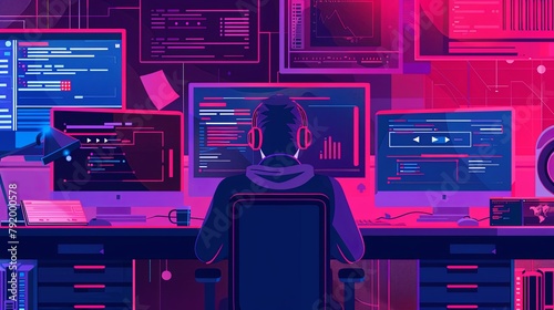 Person at a cyber security workstation with multiple screens. Digital illustration in neon colors.