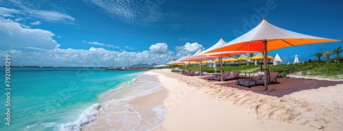 a sun-kissed sandy shore lined with elegant marquees and vibrant umbrellas, against the backdrop of azure waters and a clear blue sky.