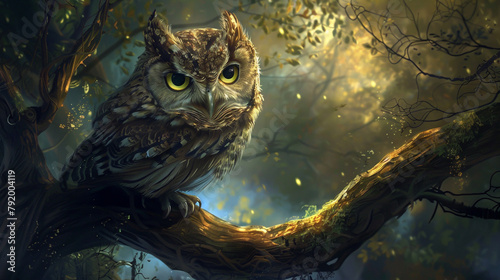 A wise old owl perched on a twisted branch, eyes gleaming with ancient wisdom.