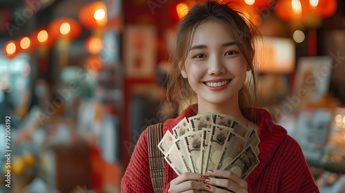 Beautiful Young Asian woman holding and showing 10000 Japanese Yen notes to the camera over, Japan money, lady happy smiling, hand holds money cash currency Renminbi, red sweater top 