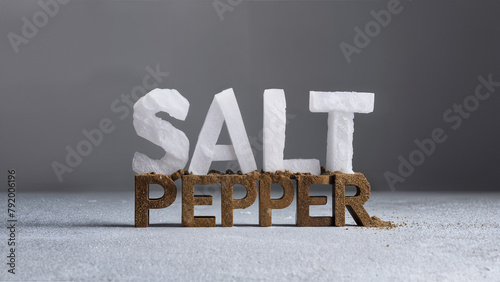 Large salt crystal and pepper powder letters forming the word 'salt pepper' on a minimal grey backdrop and sprinkled salt surface.