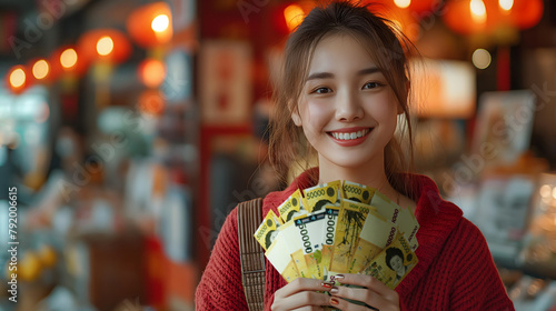Beautiful Young Asian woman holding and showing 50000 South Korean won notes to the camera over, South Korea money, lady happy smiling, hand holds money cash currency Renminbi, red sweater top 