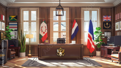 Elegant Office Interior with Flags and Desk