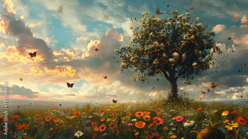 Amidst a field of wildflowers, a lone pear tree stands tall, its branches heavy with fruit as butterflies
