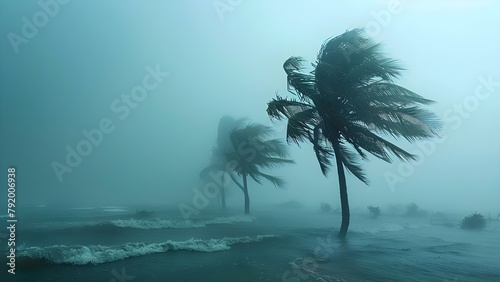 Resilient palm trees withstand hurricane winds in the storm. Concept Palm Trees, Hurricane Resilience, Storm Survival, Tropical Landscapes