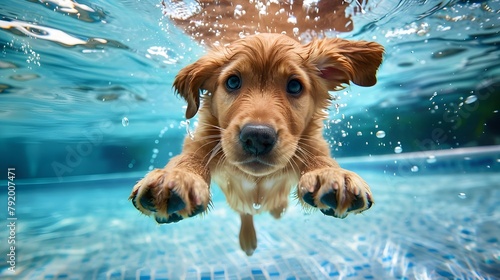 young golden retriever puppy swimming in a pool, Underwater funny photo of golden labrador retriever puppy in swimming pool play with fun - jump, dive deep down. Ai generated 