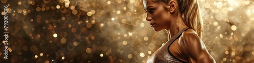 Gold glitter on bodybuilder woman body. Web banner female on the left, dark background